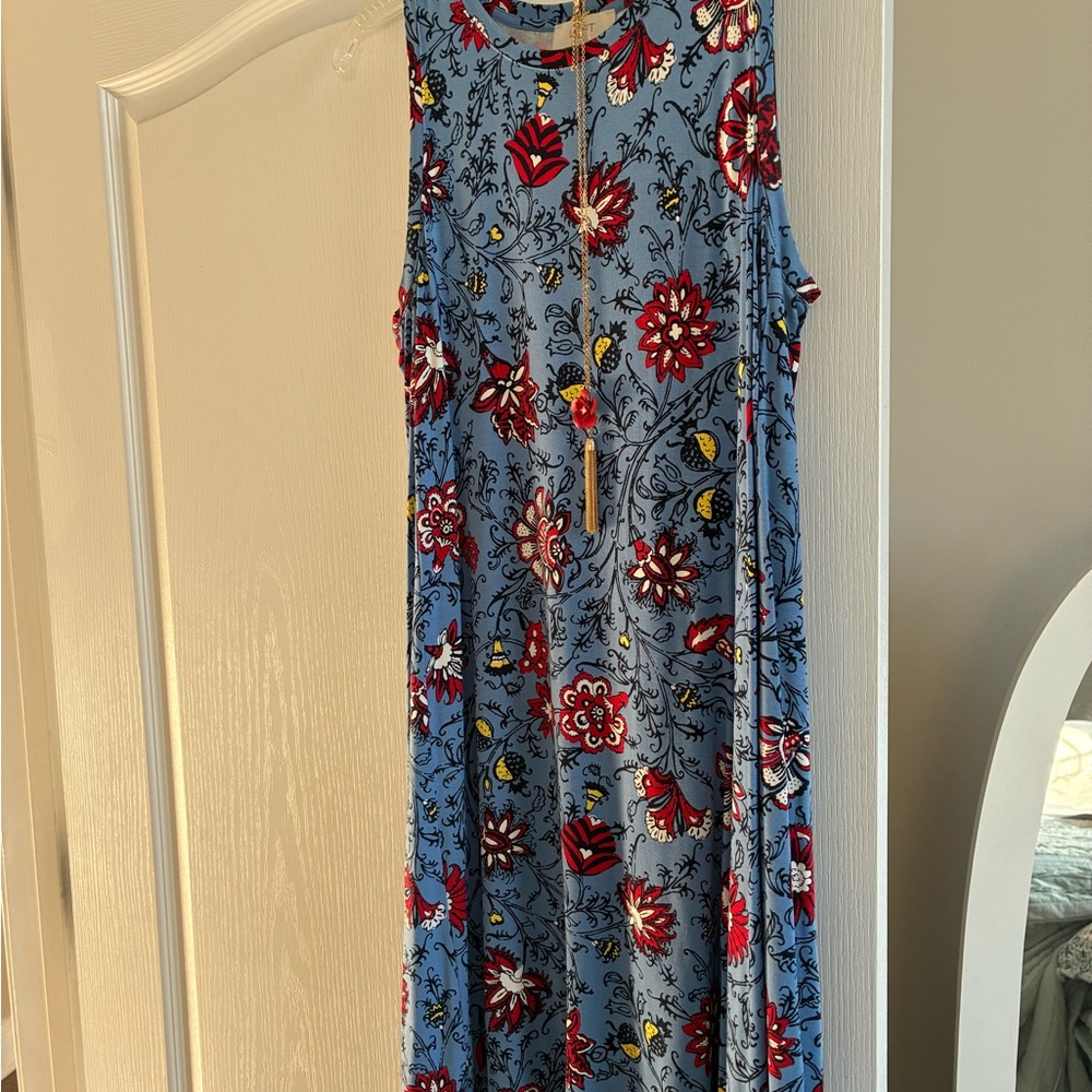 LOFT Blue Dress with Red and Yellow Floral Accents
